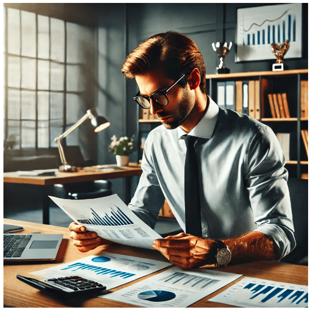 A man in a business suit intently reviews important documents at his desk, focused and ready to make decisions.